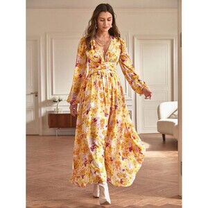 New SHEIN Frenchy Yellow Floral Lined Maxi Dress Boho Long Sleeve Formal Wedding